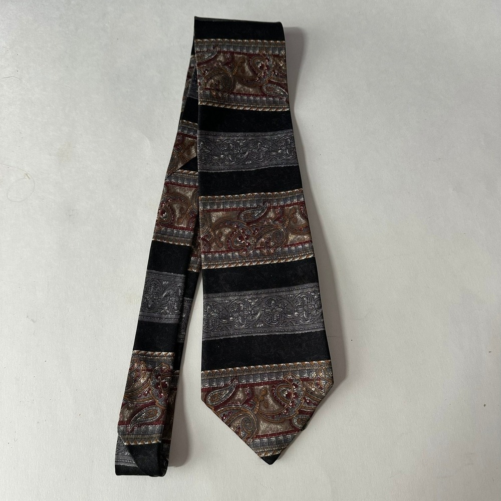 Surrey Mens Silk Tie Paisley Floral Striped Black Silver Burgundy Made in USA